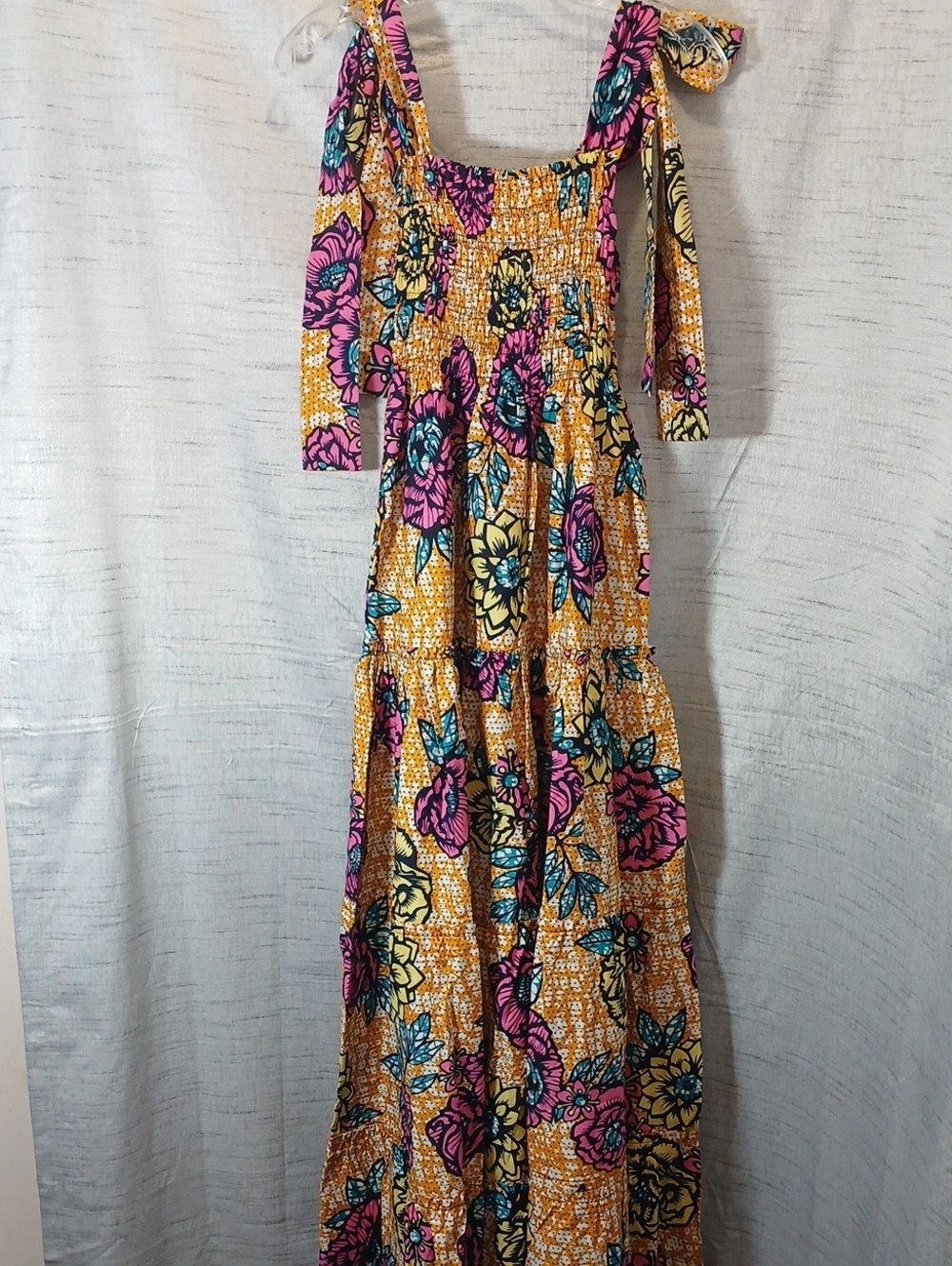 Elisamama Idera Yellow Floral Smocked Maxi Dress with Tie Straps Sz S